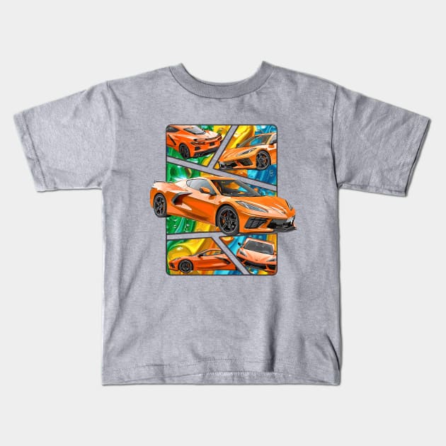 Multiple Angles of the Orange C8 Corvette Presented In A Bold Vibrant Panel Art Display Supercar Sports Car Racecar Amplify Orange Corvette C8 Kids T-Shirt by Tees 4 Thee